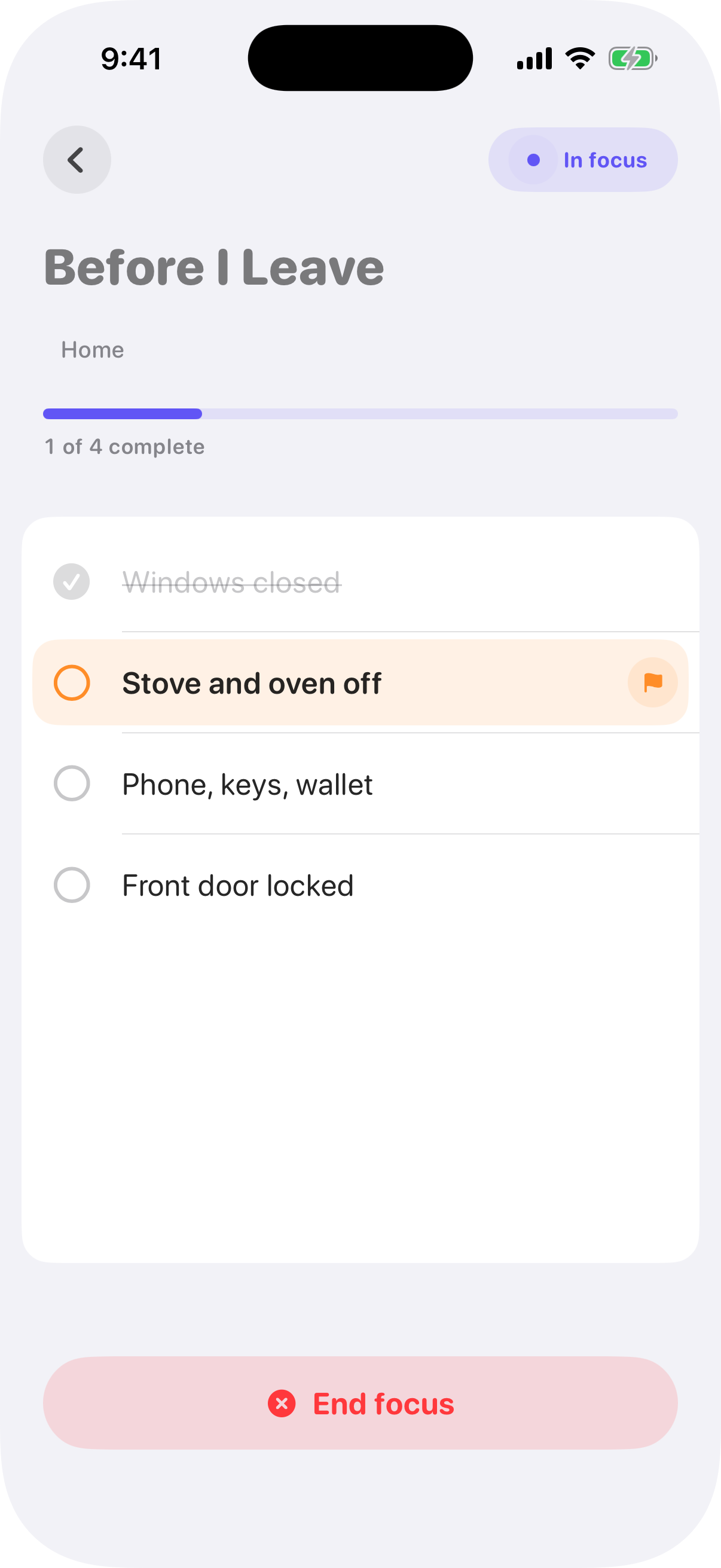 CueCard active checklist screen in English, showing the Before Leaving card and a priority item