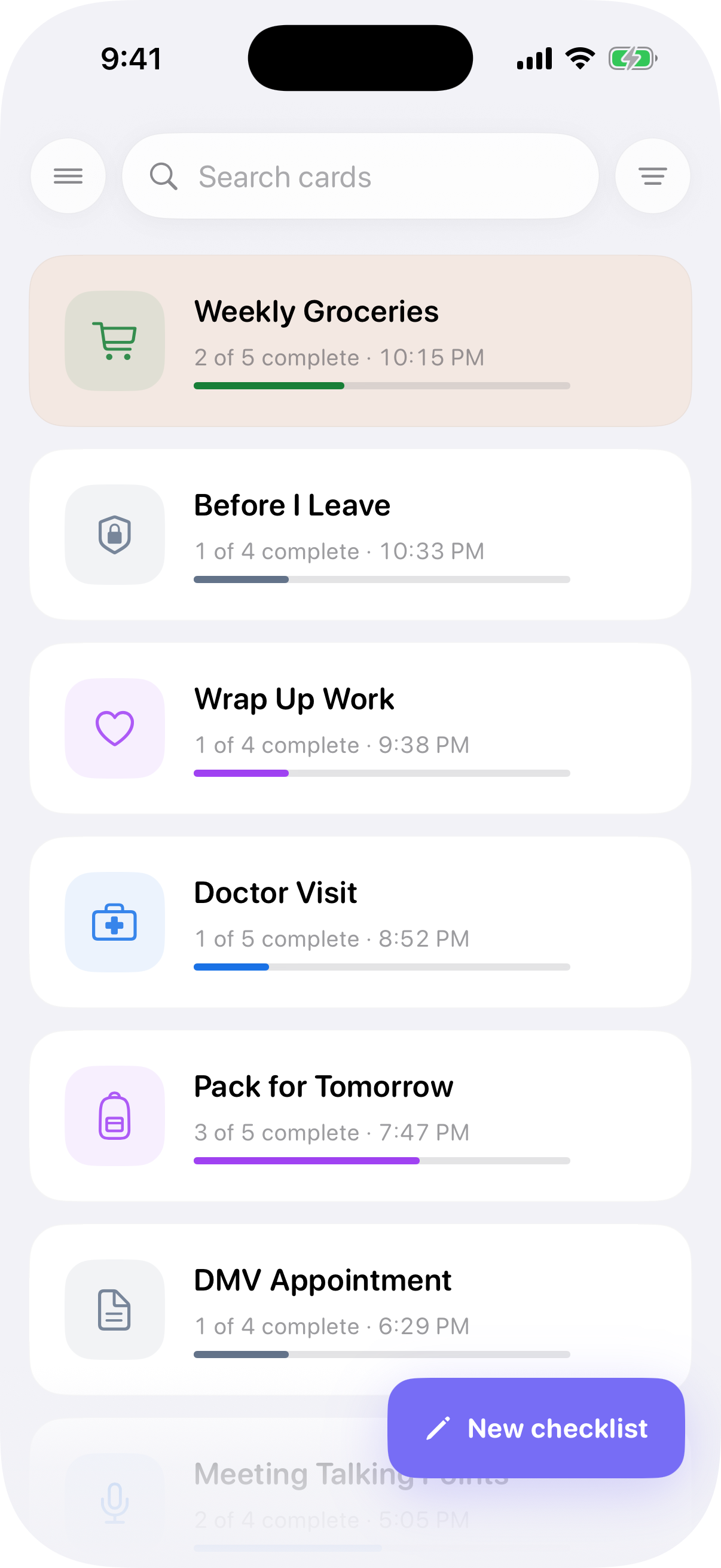 CueCard checklist library and New Checklist entry point in English
