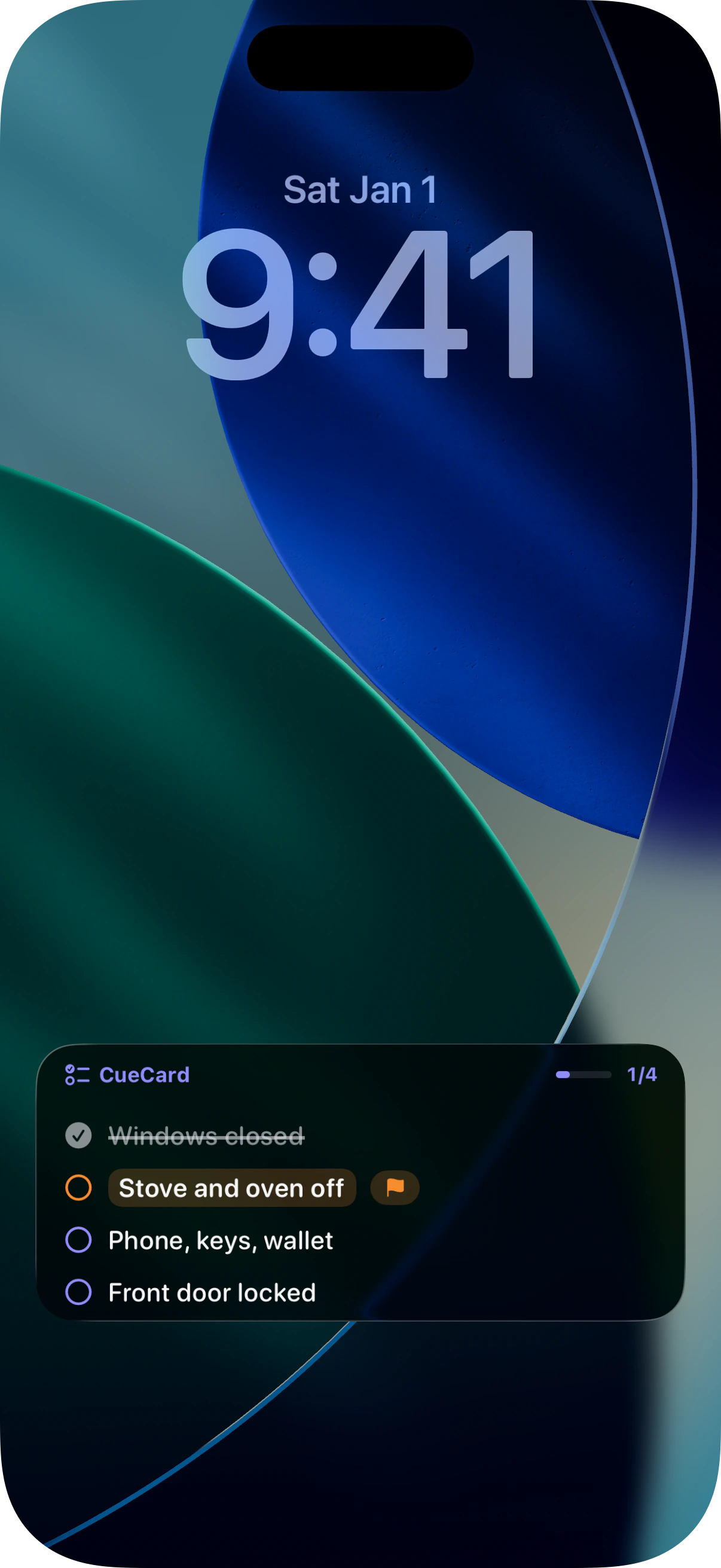 CueCard Before Leaving checklist on an English iOS Lock Screen, showing four checks and current progress